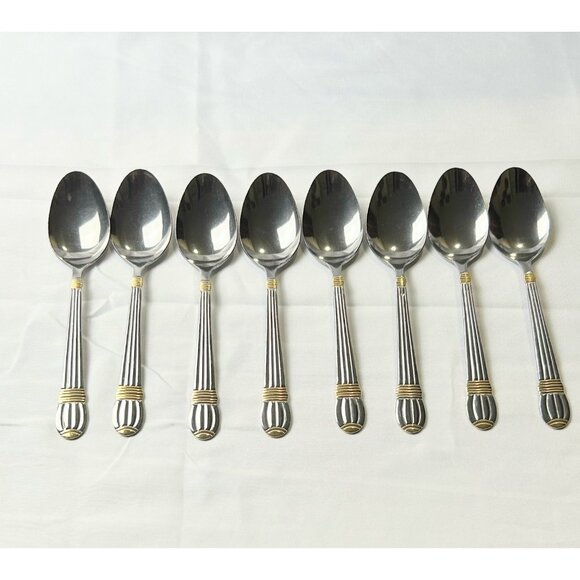 Stainless Steel Teaspoons Ribbed Handle Gold Accent Set of 8 Modern Timeless - Picture 1 of 7